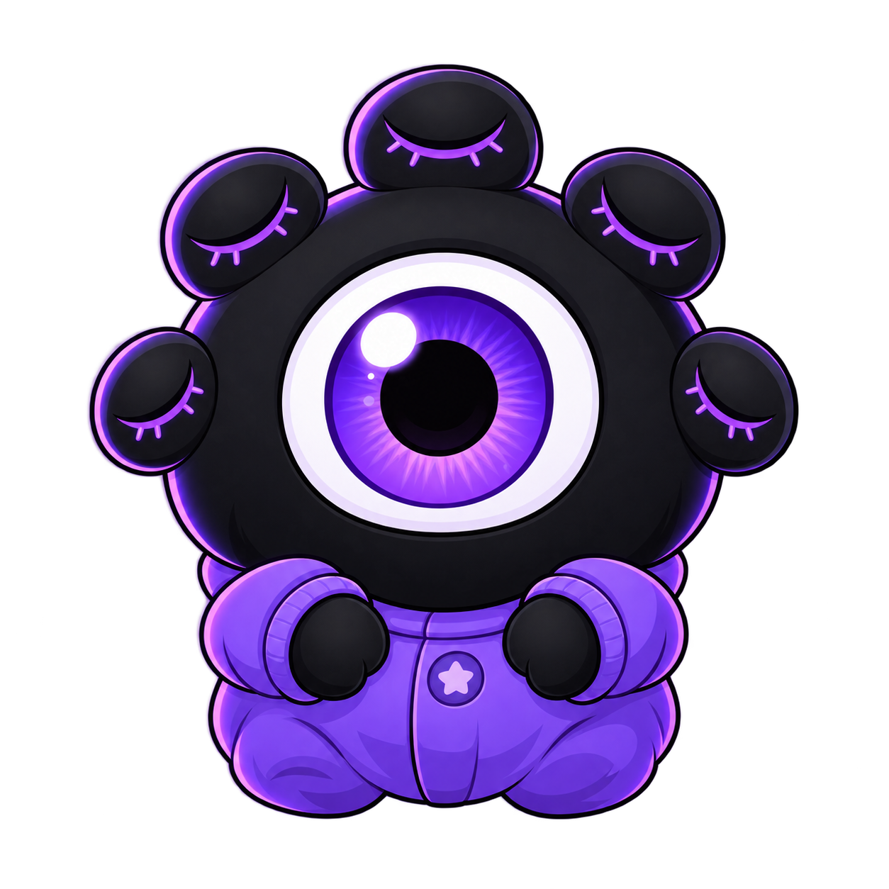 BabyArgus: a small round black creature with one huge violet eye, six sleeping eyes around its head, wearing a violet onesie.